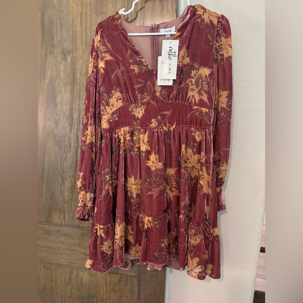 Fate light Velvet Gold and Mauve Babydoll Mini Dress with Long Sleeves